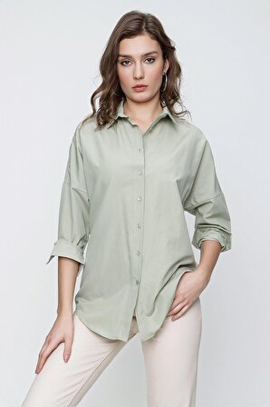 Kadın Su Yeşili  Geniş Yaka Düz Gömlek