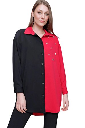 Kadın Fuşya-Siyah Önü Taşlı Çift Renk Şifon Gömlek