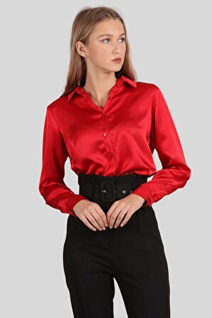 Kadın Kırmızı Dökümlü Saten Gömlek