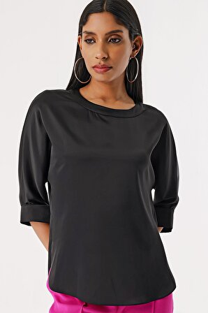 Kadın Siyah Duble Kol Saten Bluz