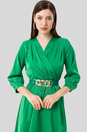 Kadın Yeşil Asimetrik Kesim Kemerli Midi Saten Elbise