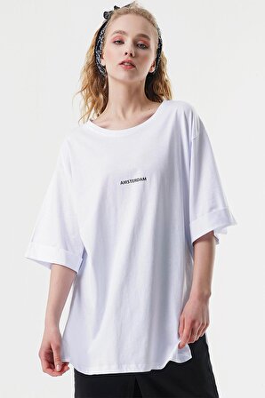 Kadın Beyaz Amsterdam Baskılı Duble Kol Salaş Tişört