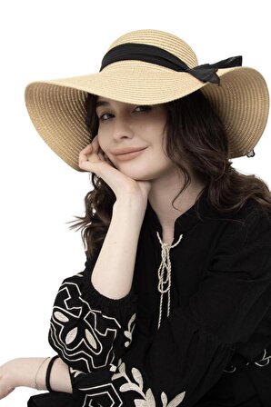 Kadın Bej Fiyonk Detaylı Geniş Hasır Şapka