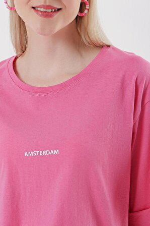 Kadın Pembe Amsterdam Baskılı Duble Kol Salaş Tişört