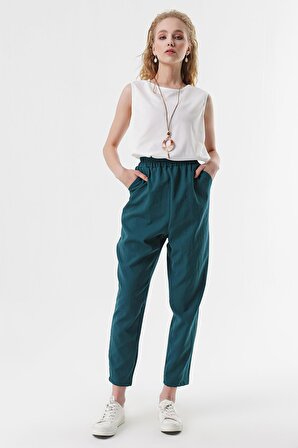 Kadın Petrol Yeşil Beli Lastikli Pantolon