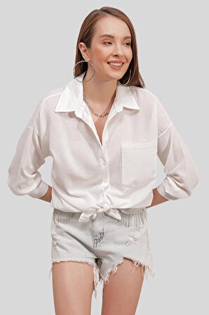 Kadın Beyaz Oversize Keten Gömlek
