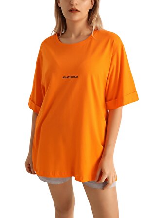 Kadın Orange Amsterdam Baskılı Duble Kol Salaş Tişört