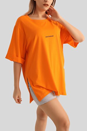 Kadın Orange Amsterdam Baskılı Duble Kol Salaş Tişört