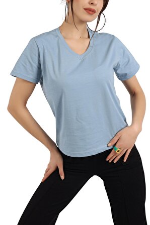 Kadın Mavi V Yaka Basic Tişört