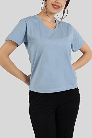Kadın Mavi V Yaka Basic Tişört