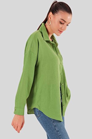 Kadın Yeşil Oversize Keten Gömlek