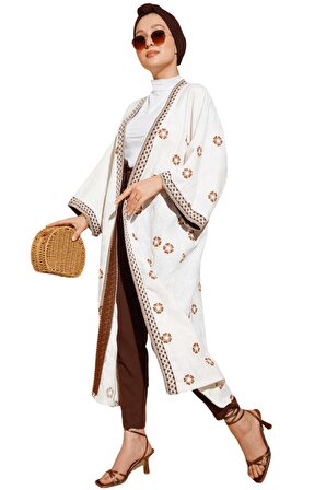 Kadın Kahve Kenarları Nakış Detaylı Keten Kimono