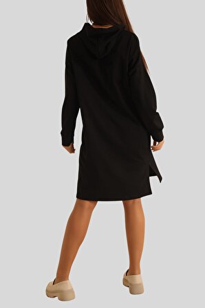 Kadın Siyah Yanı Yırtmaçlı Kapşonlu Tunik