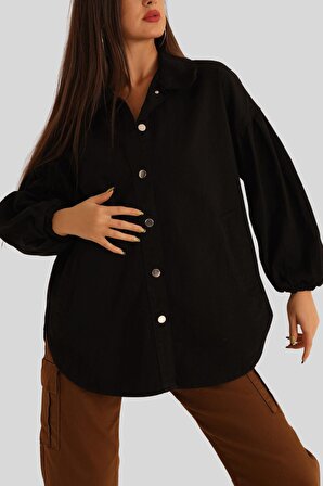 Kadın Siyah Cepli Oversize Gabardin Ceket
