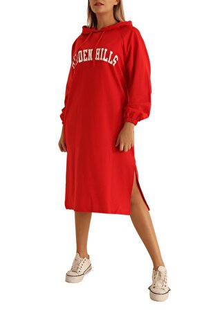Kadın Kırmızı Kapşonlu Yırtmaçlı İki İplik Tunik