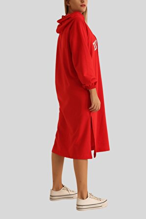 Kadın Kırmızı Kapşonlu Yırtmaçlı İki İplik Tunik
