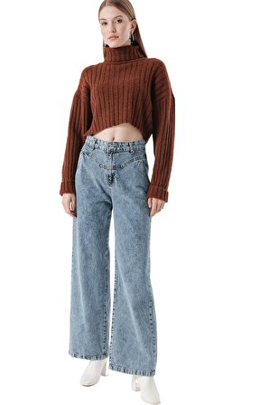 Kadın Mavi Kar Yıkama Yüksek Bel Bol Paça Kot Pantolon