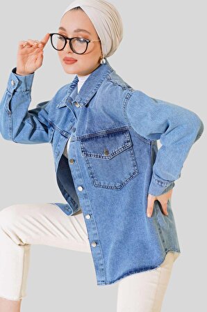 Kadın Mavi Çıtçıtlı Kot Ceket
