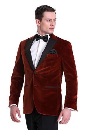 Kiremit Slim Fit Düz Sivri Yaka Kadife Klasik Smokin Damatlık | 50