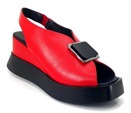 Albini 10240 Hakiki Deri Kadın Günlük Sandalet-Kırmızı