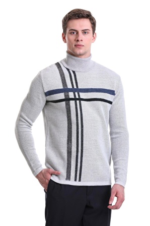 Gri Comfort Fit Desenli Balıkçı Yaka Yünlü Triko Kazak | XL