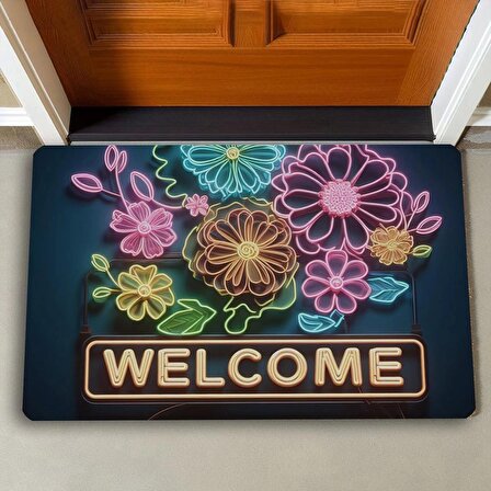 Valerine Life Neon Papatya Çiçekleri Welcome Kapı Önü Paspası 45x70cm