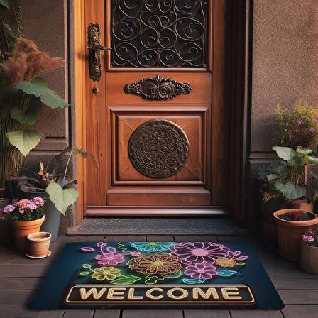 Valerine Life Neon Papatya Çiçekleri Welcome Kapı Önü Paspası 45x70cm