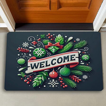 Valerine Life Noel Yılbaşı Topları ve Yeşil Yapraklar Welcome Kapı Önü Paspası 45x70cm