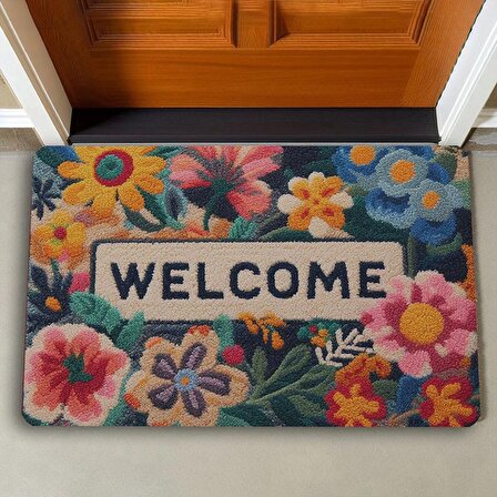 Valerine Life Çiçekler ve Sarı Papatyalı Welcome Kapı Önü Paspası 45x70cm