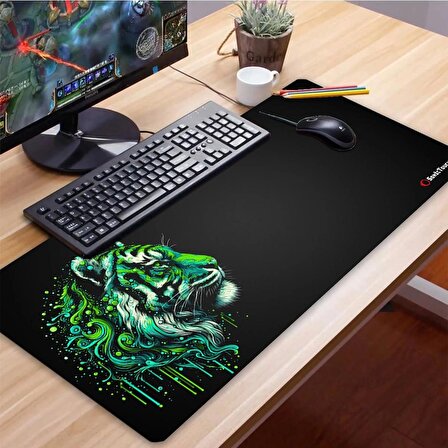 SonicTouch UltraGrand Siyah ve Neon Yeşili Kaplan Dikişsiz Xxl Gaming Oyuncu Masaüstü Klavye Mouse Pad 40x90Cm