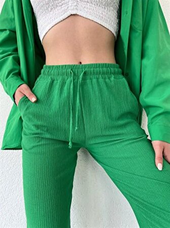 Beli Lastikli Paça Pensli Pantolon Yeşil