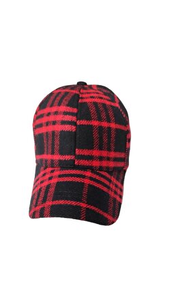Kaşe Unisex Arkası Cırtlı Ayarlanabilir Ekoseli Şapka Kırmızı Siyah