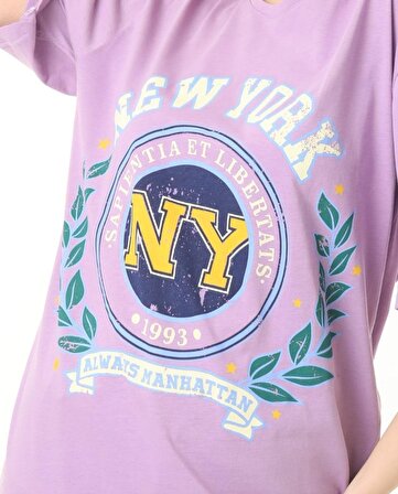 Mor Newyork Baskılı Oversize Tshirt