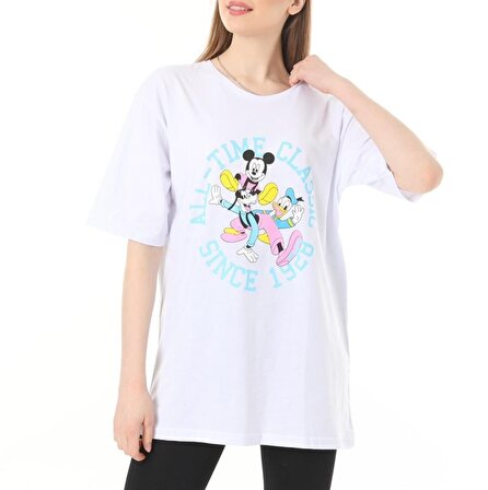 Beyaz Mickey Donald Baskılı Oversize Tshirt