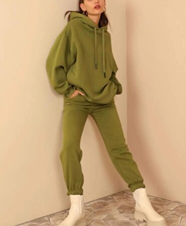 Şardonlu 3 İplik Basen Boy Kadın Kapüşonlu Sweatshirt Yeşil