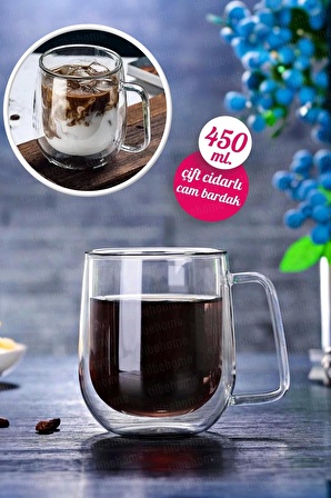 Çift Cidarlı Kupa Bardak 450 ml Ev Ofis Espresso Kahve Çay Fincanı Borosilikat Kulplu Cam Bardak