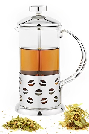 French Press Bitki Çayı Demliği 350 ml. Metal Gövde Kulplu Çok Amaçlı Ölçü Kabı Cam French Press