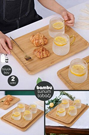 2li Büyük Boy Gourmet Bambu Kahvaltı Tabağı Pasta Servis Sunum Tepsi İkramlık Ahşap Tabak 36X24 Set