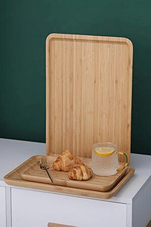2li Büyük Boy Gourmet Bambu Kahvaltı Tabağı Pasta Servis Sunum Tepsi İkramlık Ahşap Tabak 36X24 Set