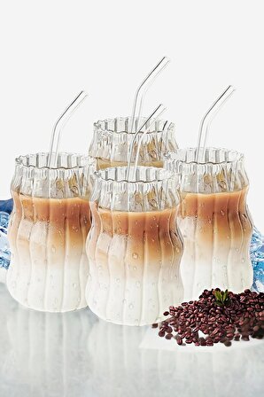 4'lü Sukabağı Latte Cam Pipetli Bardak Seti İskandinav Burgu Tarz Kahve Kokteyl Sunum Bardağı 400ml