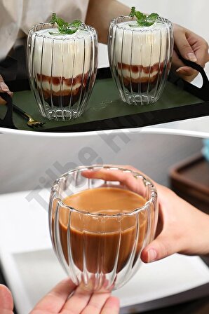 2'li Çift Cidarlı Burgulu Kristal Cam Bardağı Çay Süt Kahve Kupası Sıcak & Soğuk Retro Bardak Seti