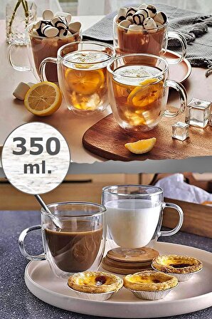 Çift Cidarlı Kupa Bardak 350 ml Ofis Ev Espresso Kahve Çay Fincanı Borosilikat Kulplu Cam Bardağı