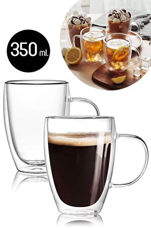 Çift Cidarlı Kupa Bardak 350 ml Ofis Ev Espresso Kahve Çay Fincanı Borosilikat Kulplu Cam Bardağı