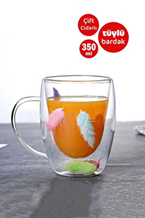 Çift Cidarlı Tüylü Cup 350ml Çiçekli Bardak Kahve Çay Bardağı El Yapımı Kulplu Cam Bardak