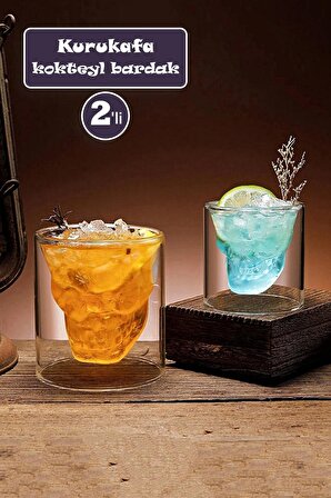 2'li Kuru Kafa Tasarımlı Çift Cidarlı Cam Bardak Kahve Sunum Kokteyl Bardağı Kristal Skull Kupa Set