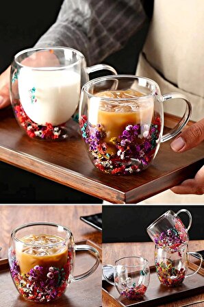 4'lü Çift Cidarlı Çiçekli Bardak 250ml Kahve Çay Bardağı El Yapımı Kulplu Borosilikat Cam Bardağı