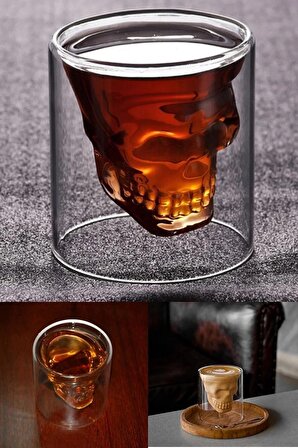 3lü Kuru Kafa Viski Shot Bardağı Çift Cidarlı Bardak Skull Kristal Tasarım Kokteyl Bardağı 75 ml.