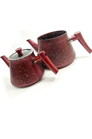 Elit Granit Çaydanlık Takımı Bakalit Saplı Lüx Çaydanlık Demlik Seti Kırmızı 2300 + 1200 ml.