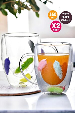 2'li Çift Cidarlı Tüylü Cup 350ml Çiçekli Bardak Kahve Çay Bardağı El Yapımı Kulplu Cam Bardak Seti