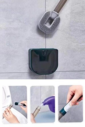 Silikon Tuvalet Fırçası Hazneli Bükülebilir Duvara Monte Wc Klozet Banyo Temizlik Fırçası Seti